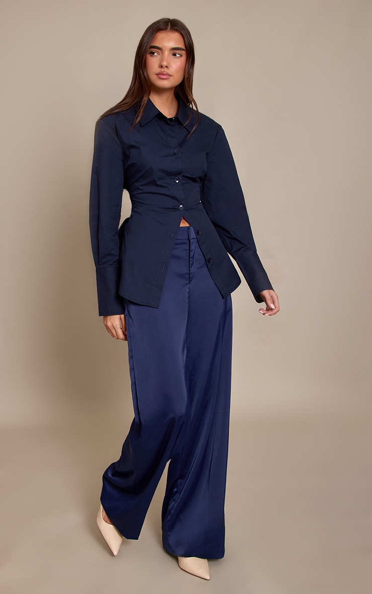 Navy Satin Tailored Detail Wide Leg Trousers image 2