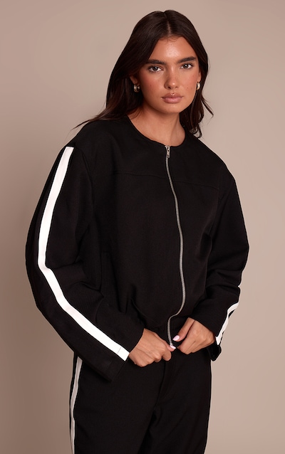 Black Striped Tailored Woven Elasticated Waist Bomber Jacket