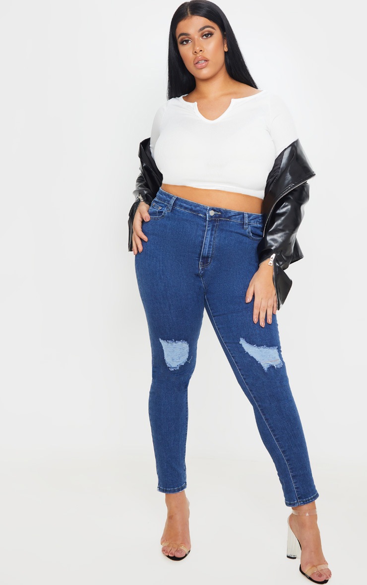 PRETTYLITTLETHING Plus Mid Wash 5 Pocket Knee Rip Skinny Jean