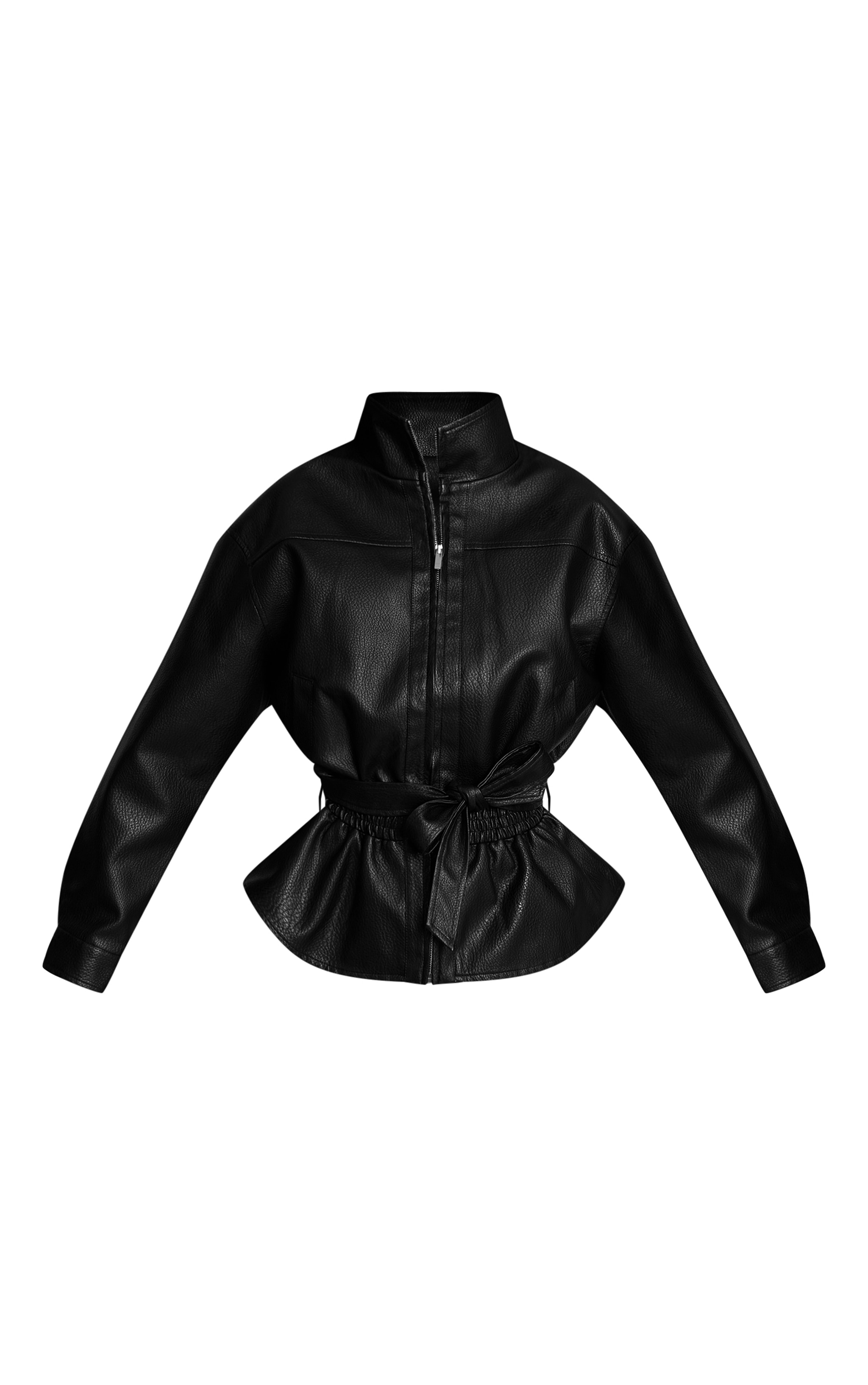 Black Drop Waist Belted Faux Leather Jacket image 5
