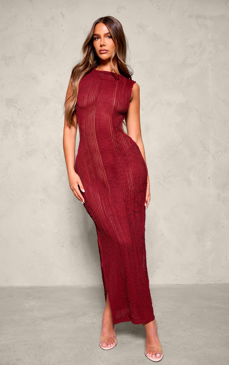 Burgundy Texture Extreme Back Cut Out Maxi Dress image 3