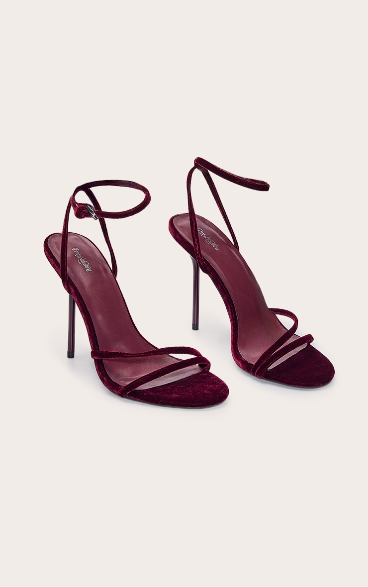 Burgundy Velvet Round Toe Asymmetric High Stiletto Heeled Sandals image 3