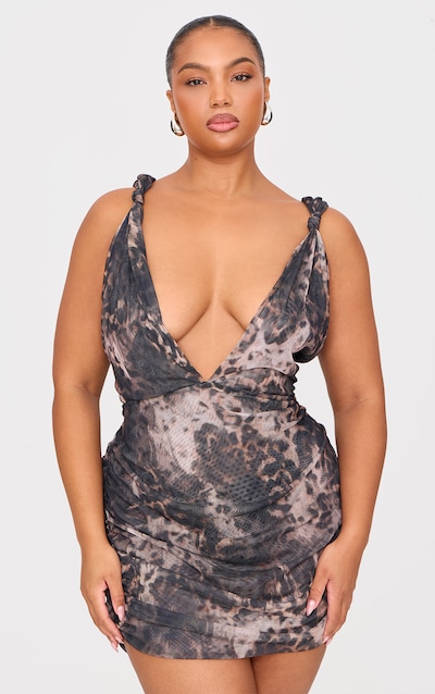 Plus Grey Leopard Double Layer Slinky Mesh Panel Bodycon Dress