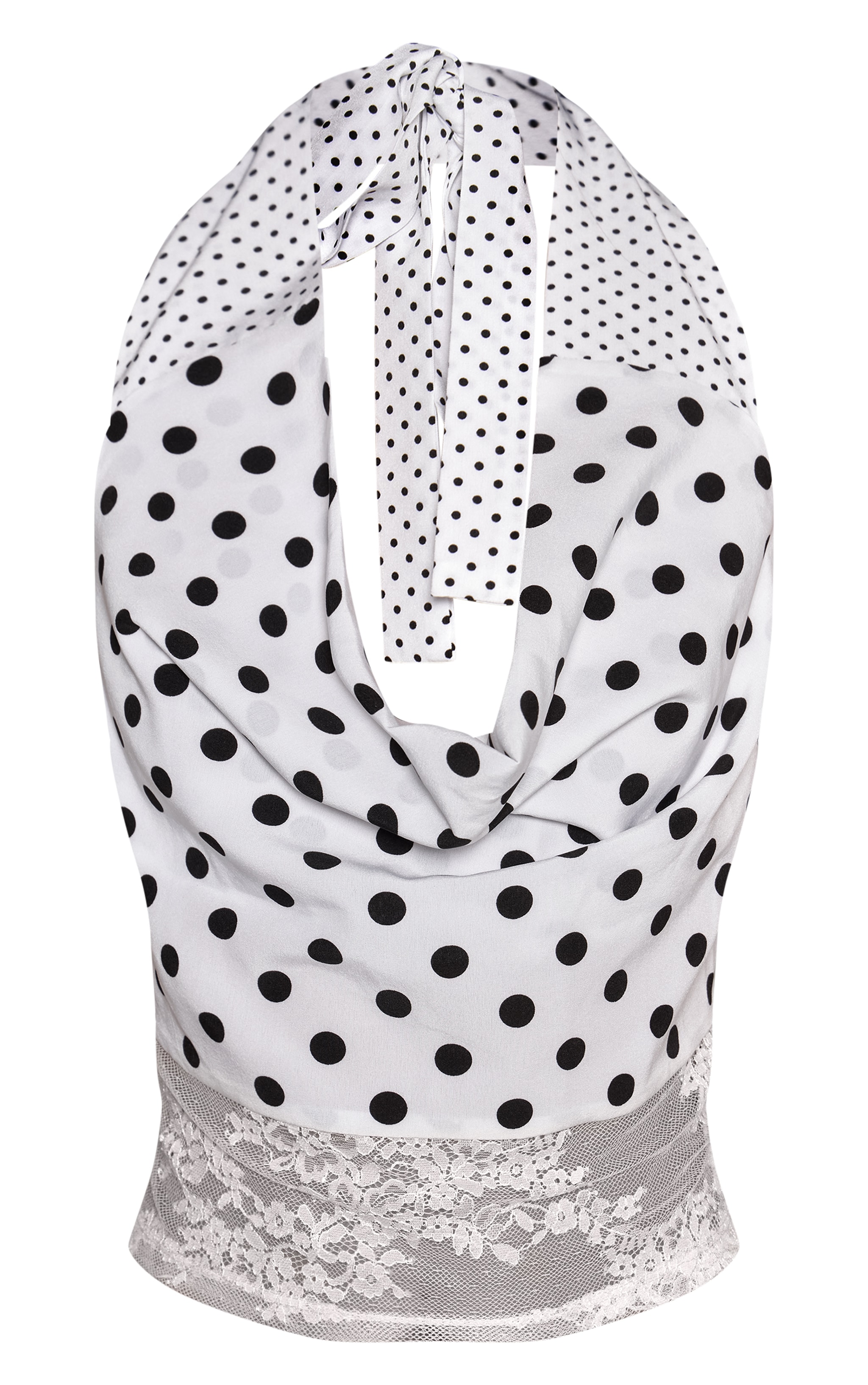 White Contrast Polka Dot Lace Halter Neck Top image 5