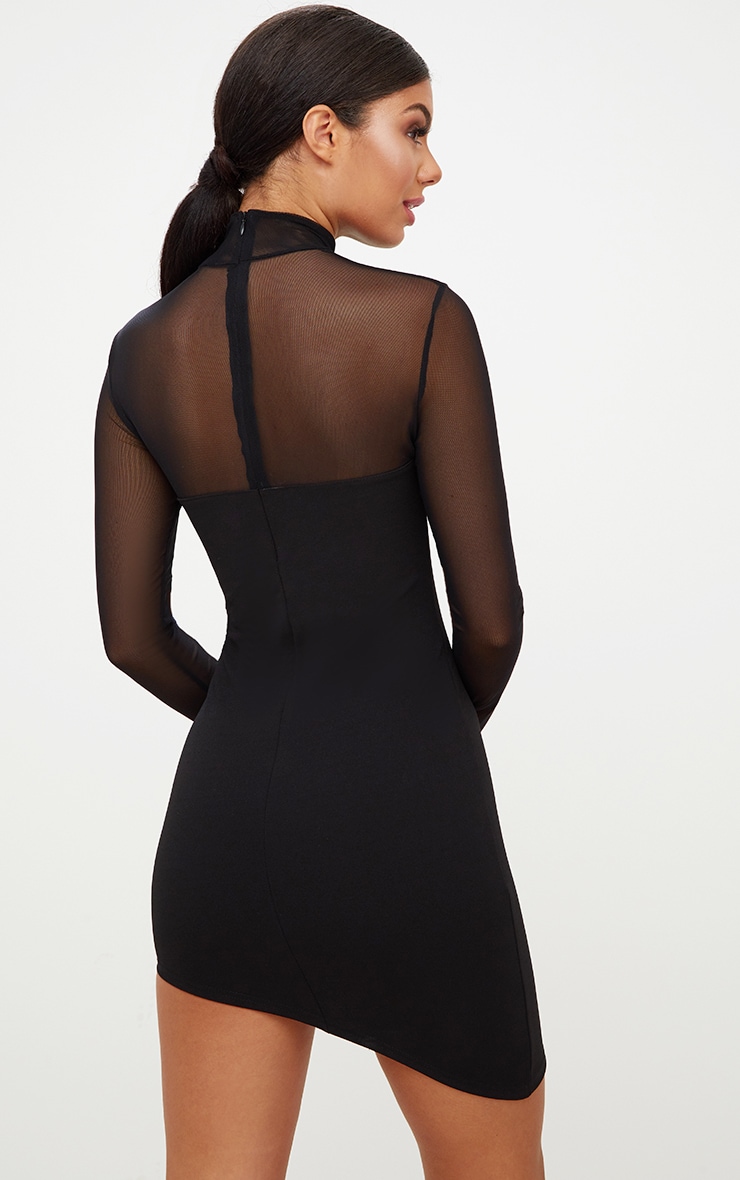 Black Long Sleeve Mesh Top Asymmetric Bodycon Dress PrettyLittleThing USA