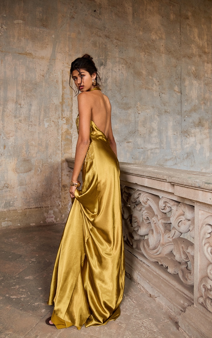 PLT Label Golden Olive Satin Embroidered Maxi Dress image 5