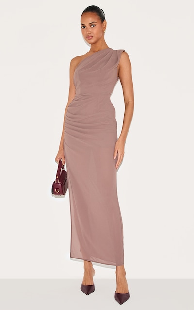 Mushroom Chiffon One Shoulder Ruched Maxi Dress