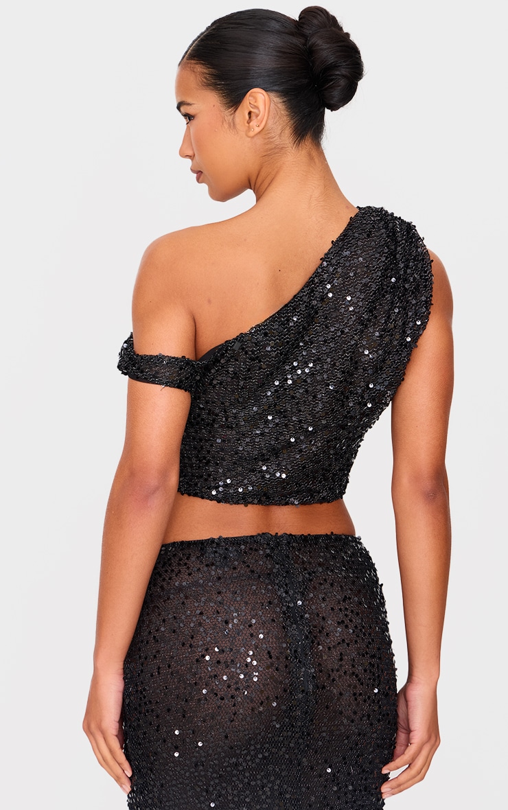 Black Sequin Textured Asymmetric Top image 2