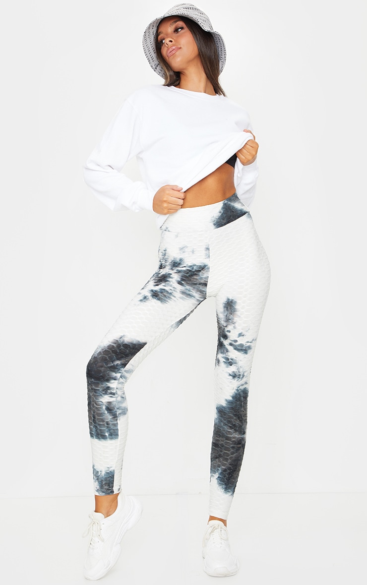 White Textured Tie Dye High Waist Gym Legging