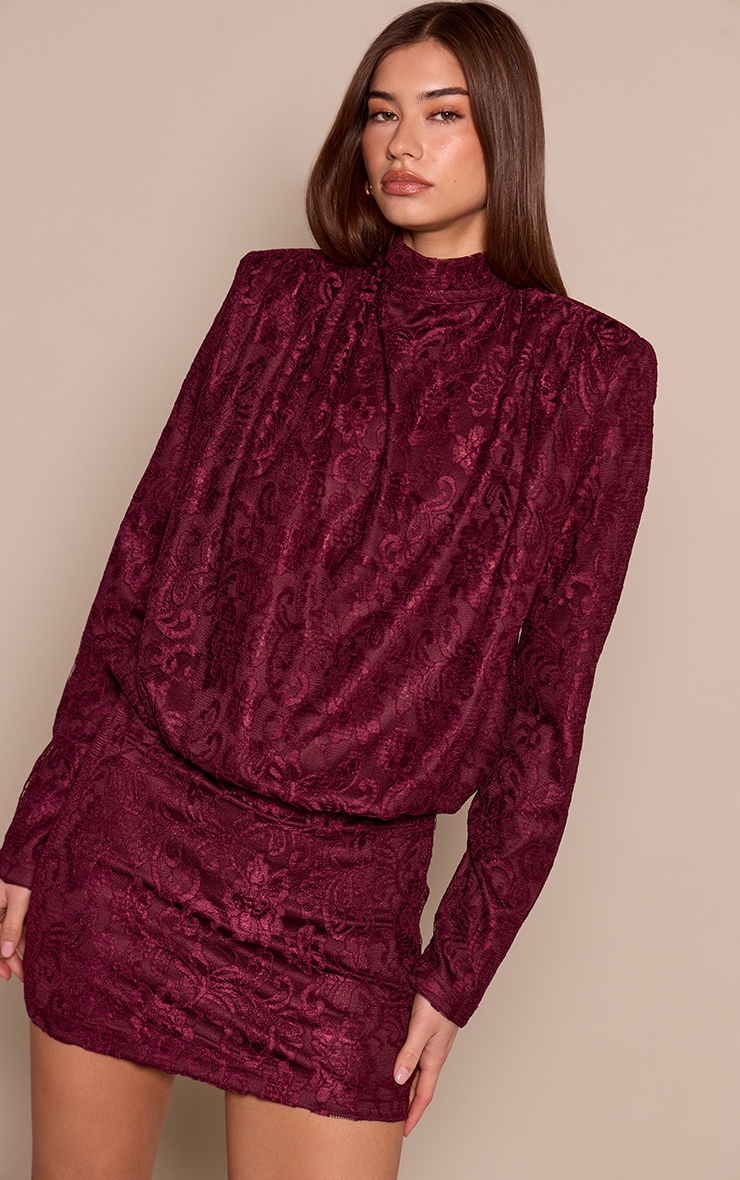 Wine Lace Shoulder Pad Draped Top image 1