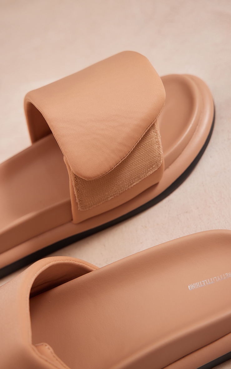 Cream PU Round Toe Velcro Strap Flat Slider Sandals image 3