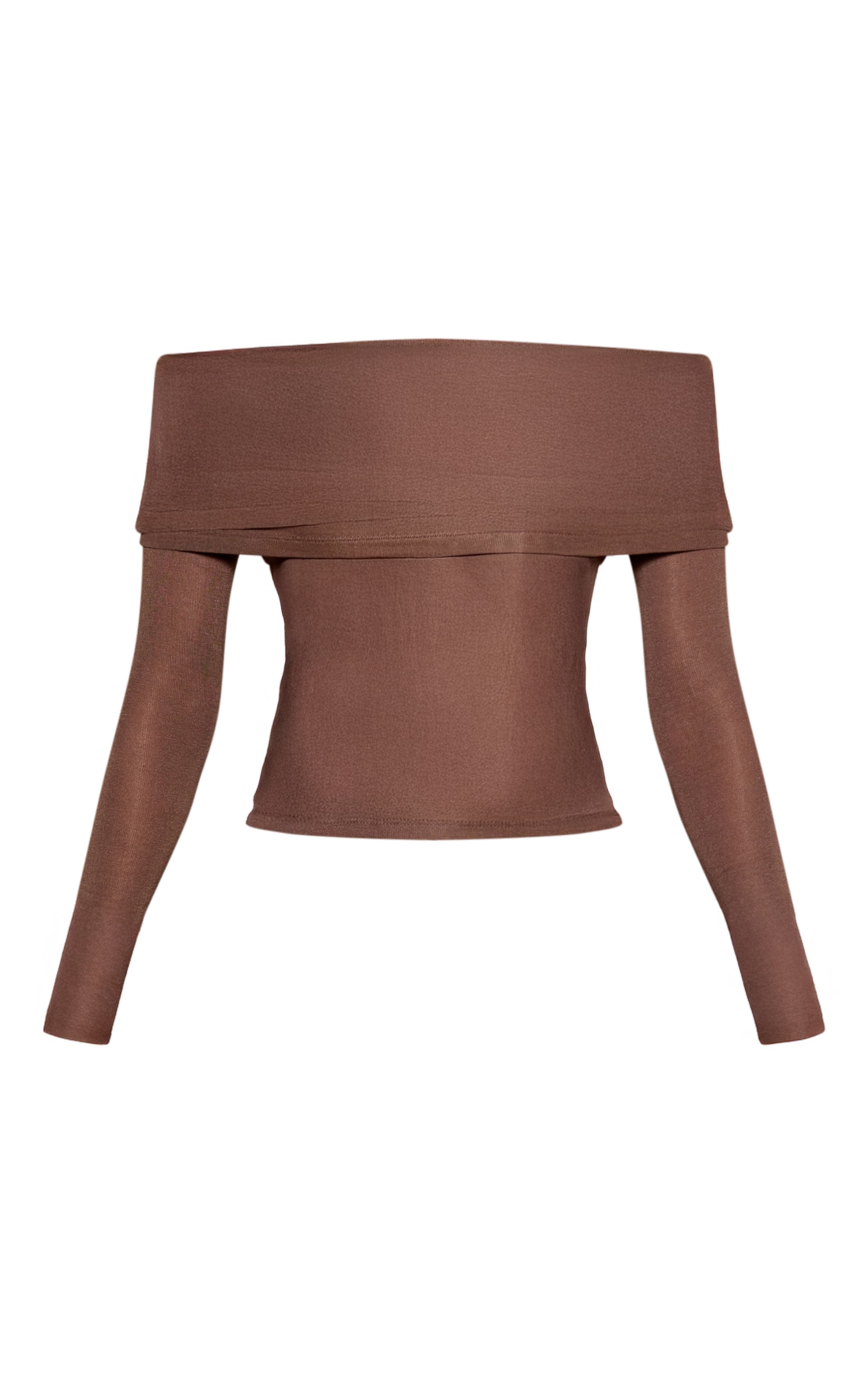 Light Brown Sheer Soft Touch Fold Over Detail Bardot Long Sleeve Top image 5