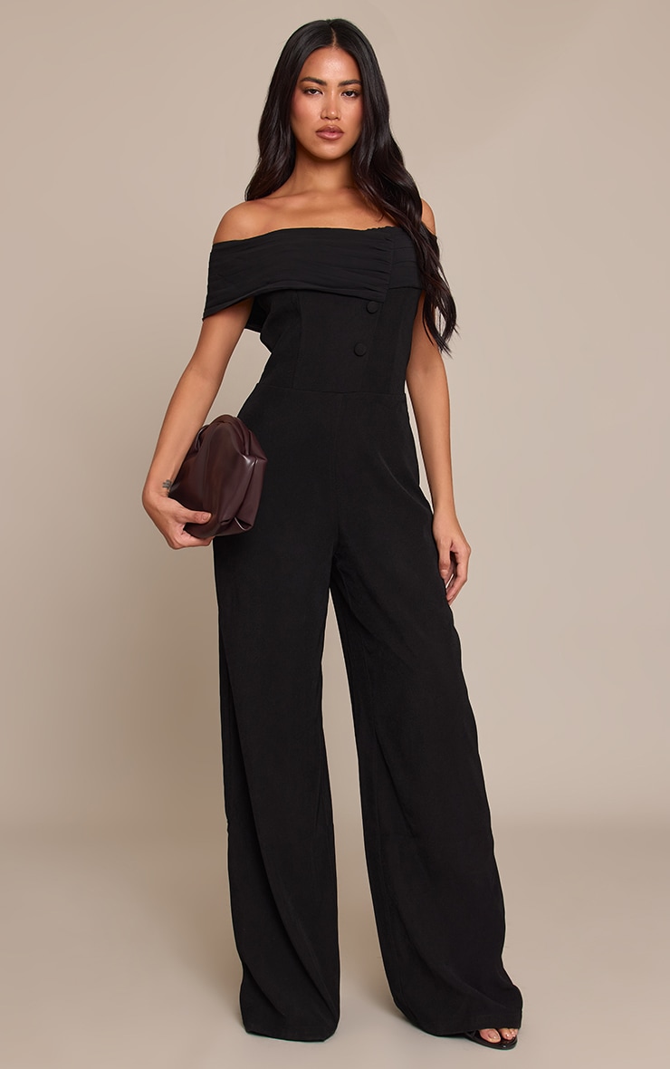 Black Woven Button Detail Straight Leg Jumpsuit image 3