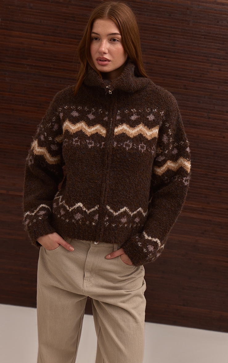 Brown Fairisle Zip Knit Cardigan image 2