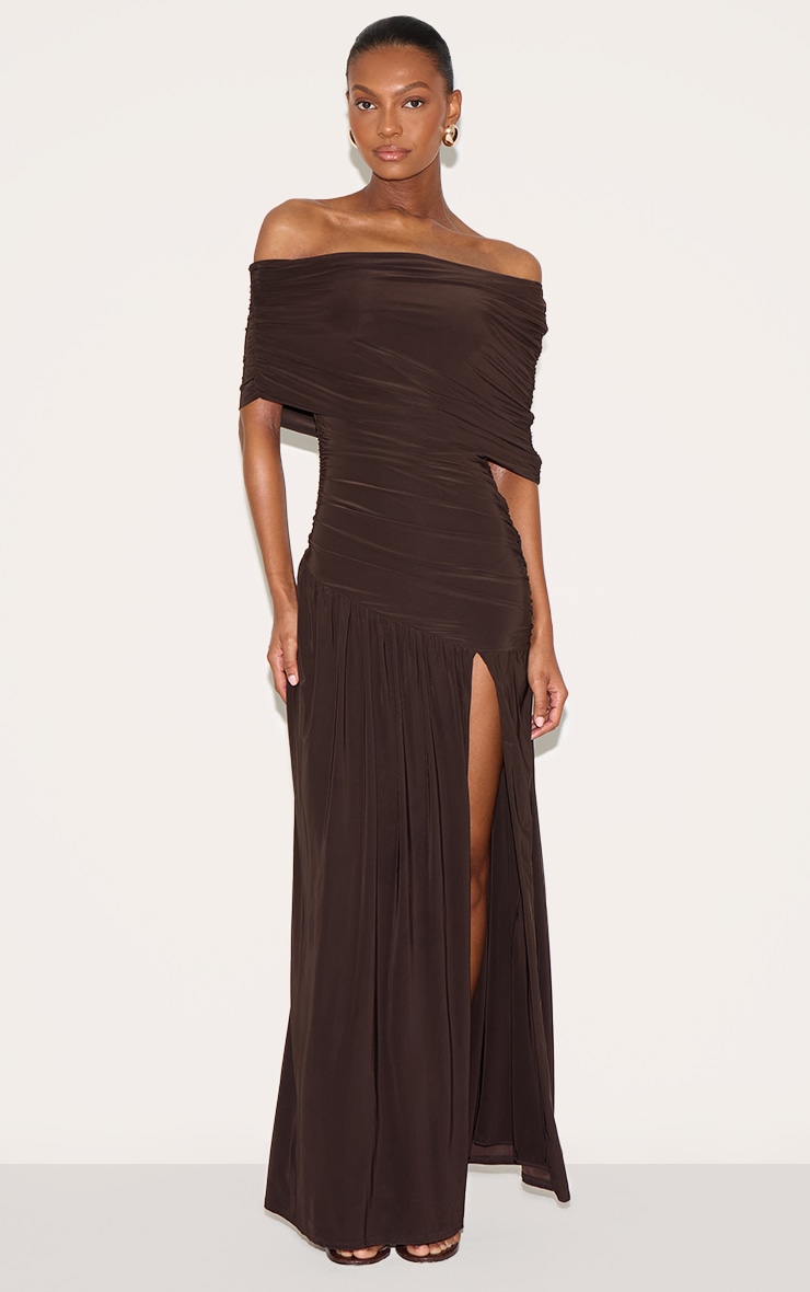 Chocolate Brown Double Layer Slinky Bardot One Shoulder Ruched Maxi Dress image 1