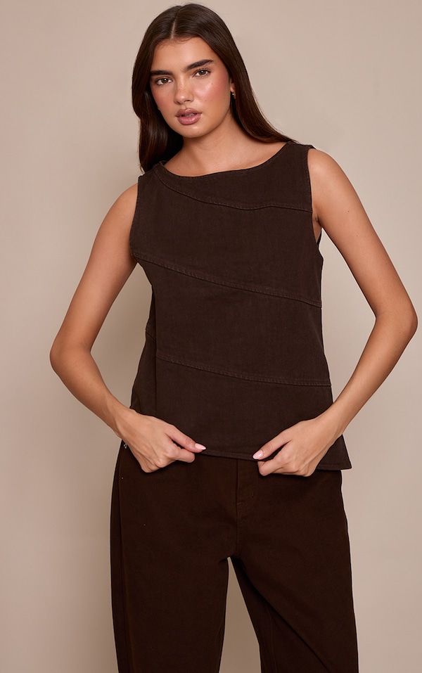 Chocolate Asymmetric Seam Detail Sleeveless Denim Top