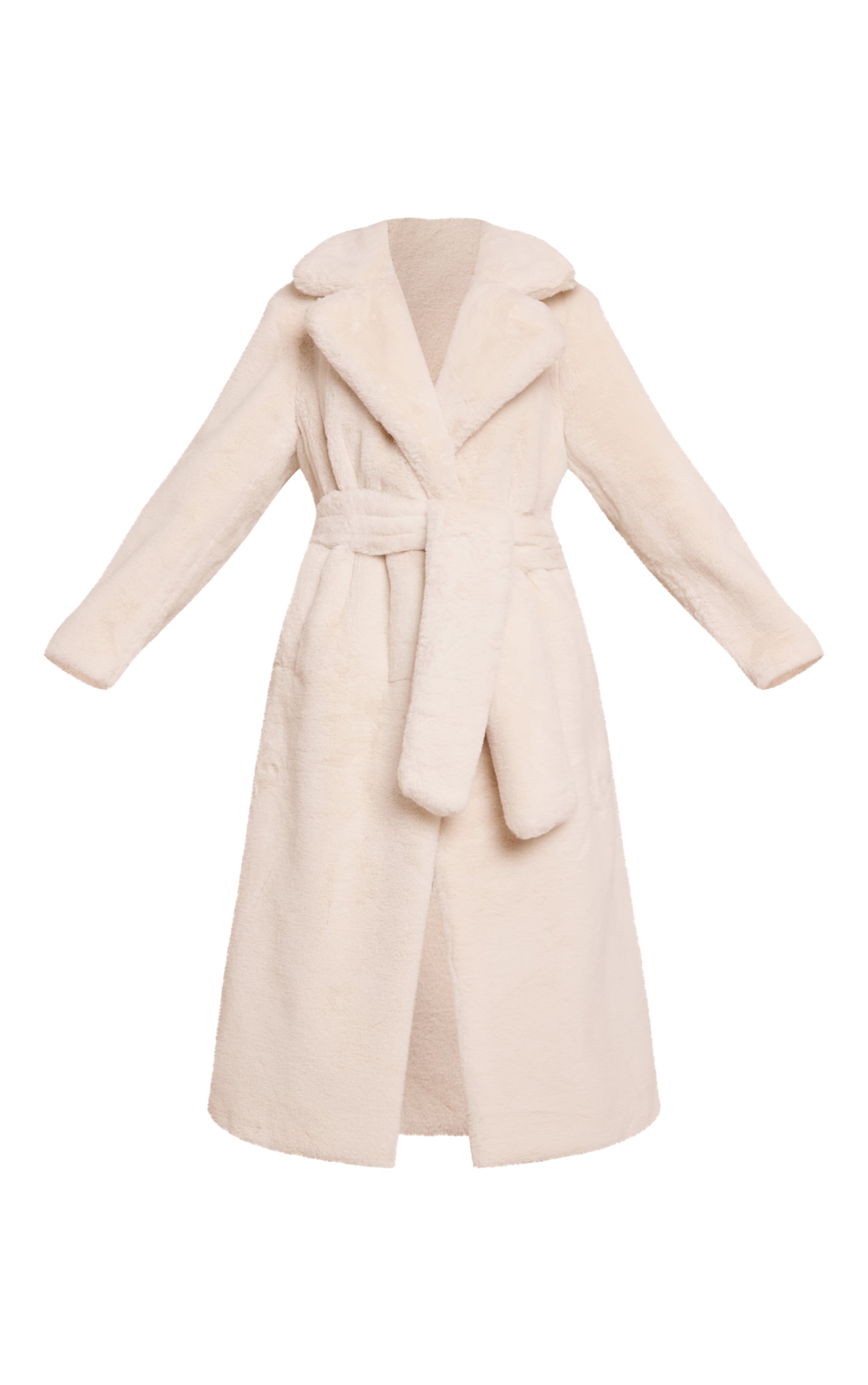 Manteau long en fausse fourrure crème à taille nouée image 5