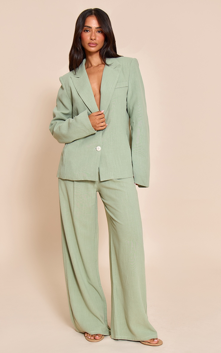 Petite Sage Green Linen Look Oversized Pocket Blazer image 3