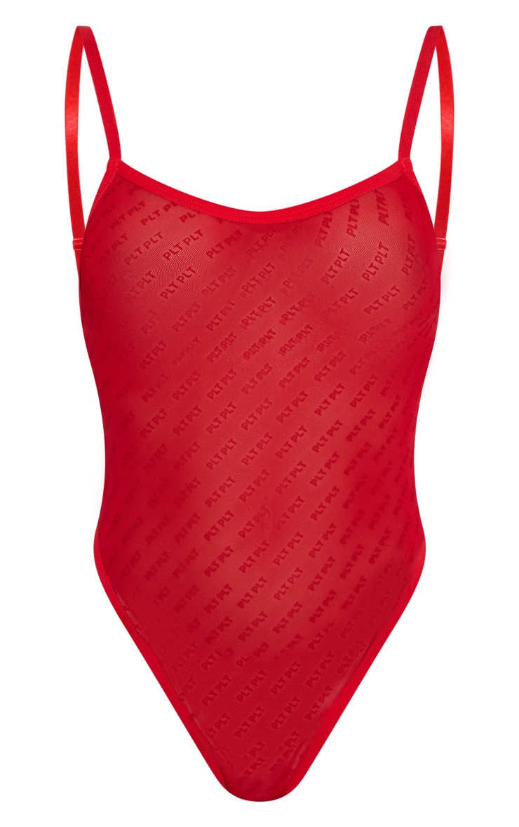 PRETTYLITTLETHING Red Flock Mesh Body image 5