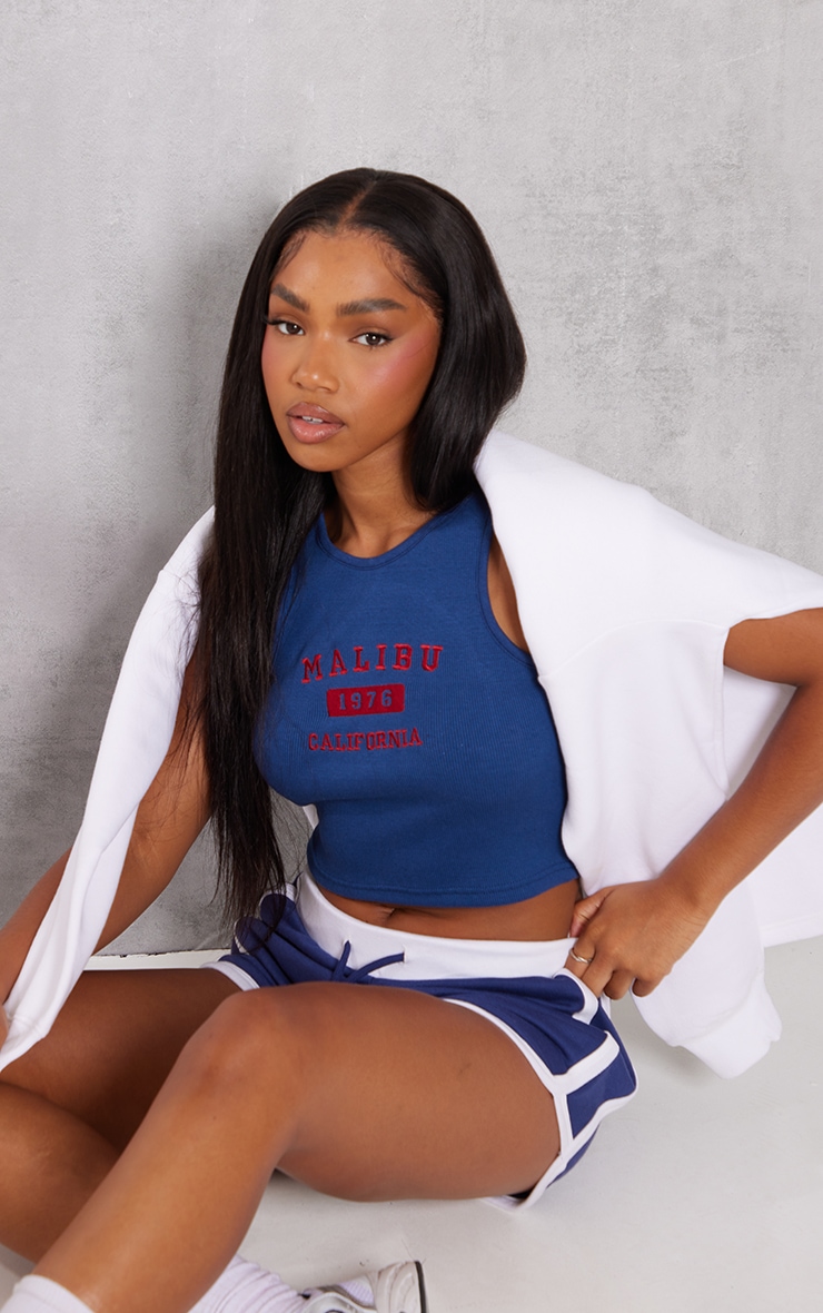 Navy Embroidered Malibu Ribbed Racer Crop Top image 1