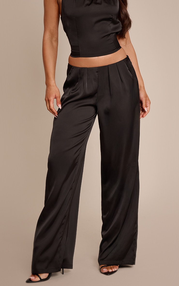 Black Satin Pleated Wide Leg Trouser image 2