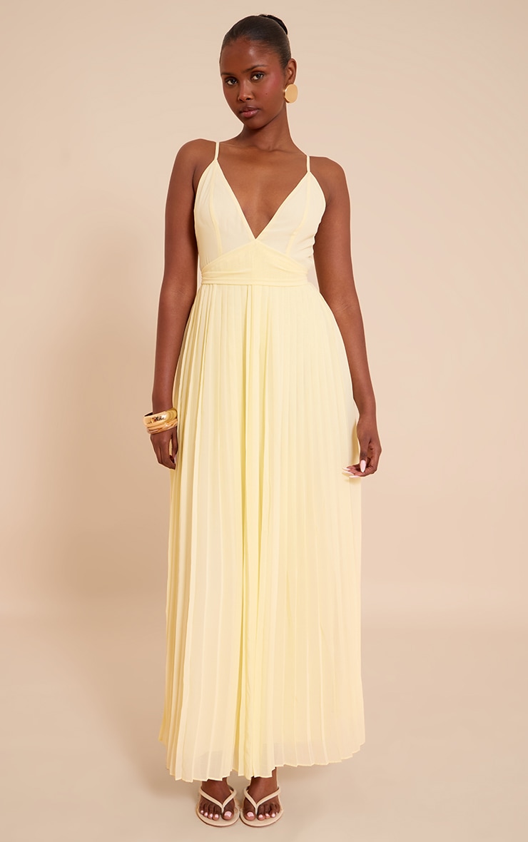 Robe longue en mousseline de soie jaune citron plissée à bretelles fines et détail ceinture image 3