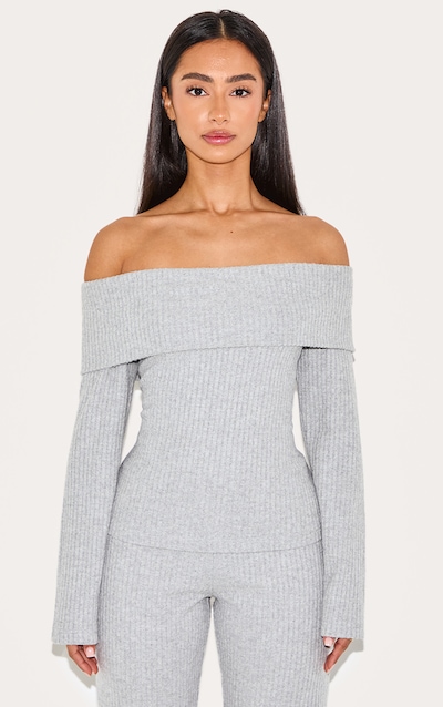 Petite Grey Ribbed Bardot Long Top
