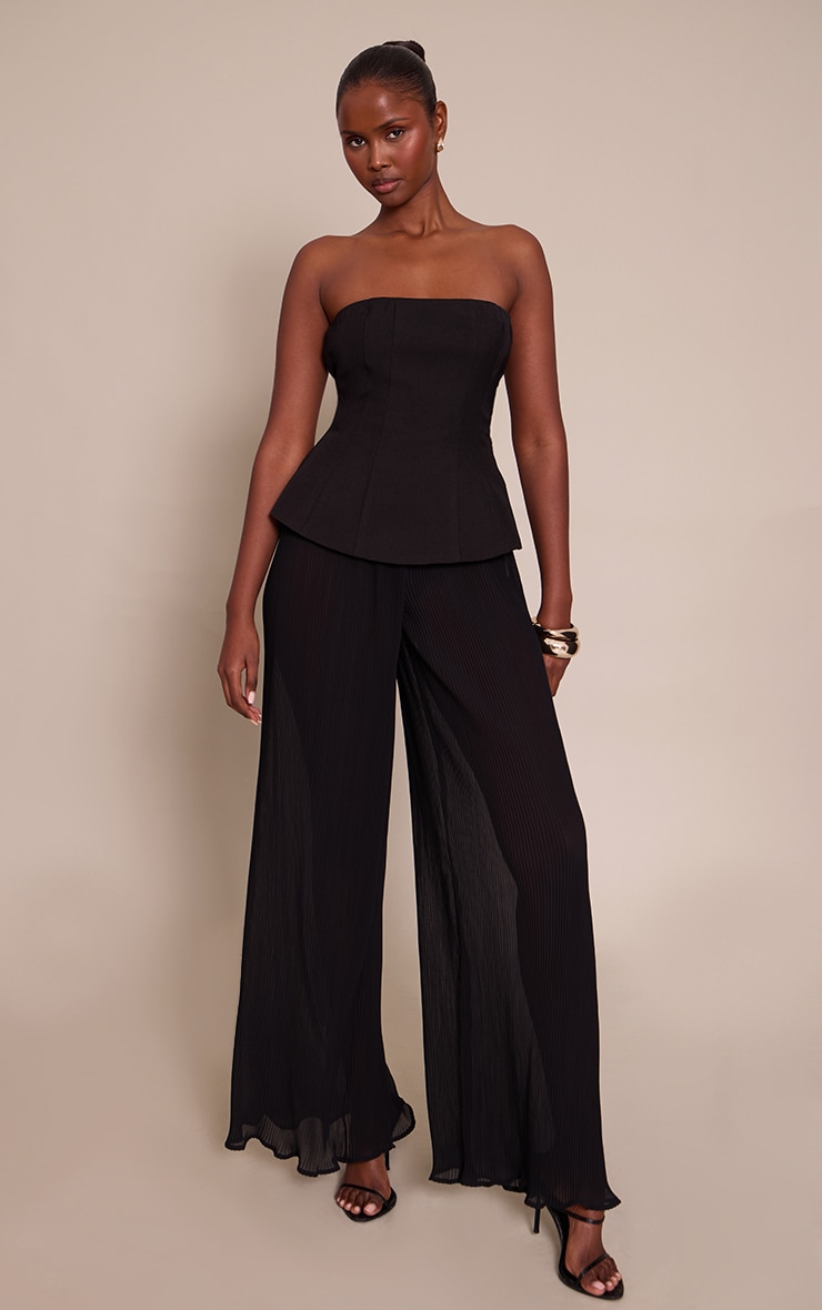 Black Woven Bandeau Plisse Leg Jumpsuit image 1