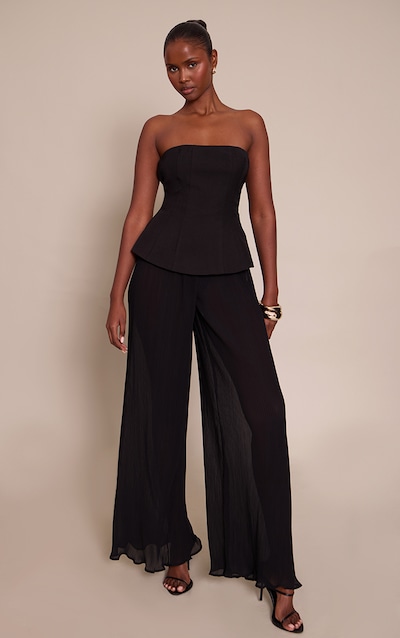 Black Woven Bandeau Plisse Leg Jumpsuit
