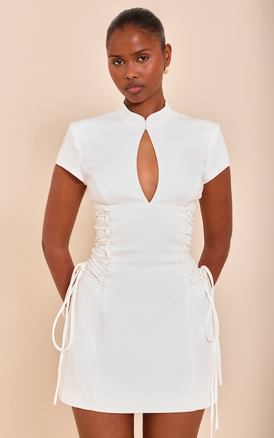 PLT Label Almond Tailored Band Collar Lace Up A-line Dress