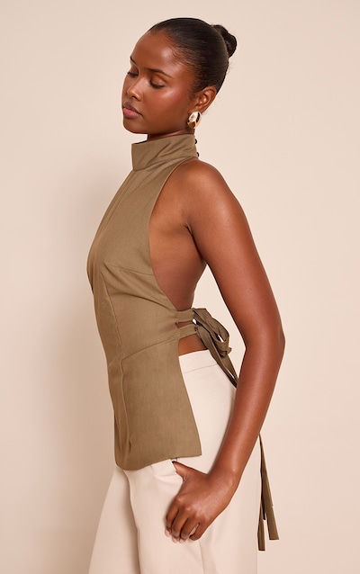 Mushroom Woven High Neck Open Tie Back Top