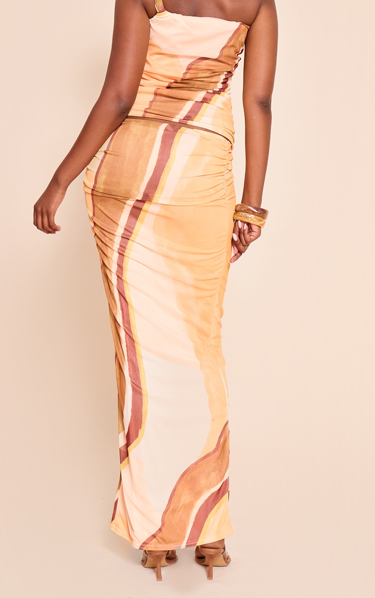Yellow Abstract Print Mesh Ruched Maxi Skirt image 3