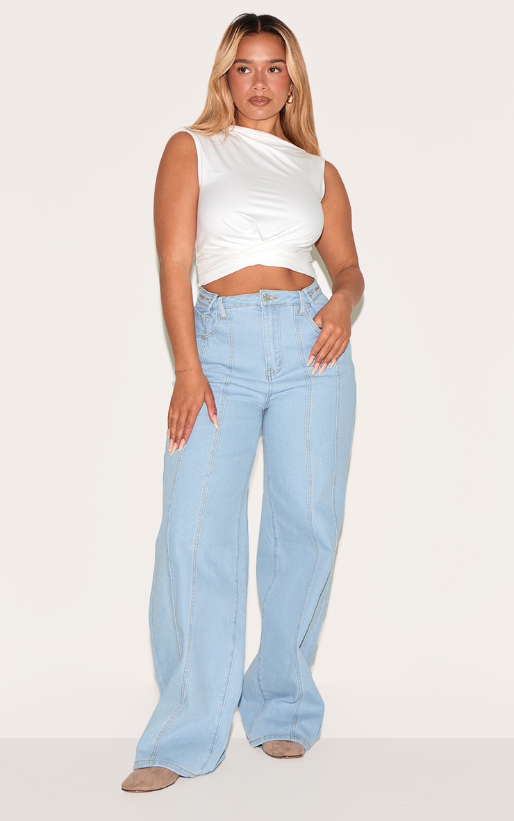 Shape Light Blue Stretch Denim Highwaisted Adjustable Button Wide Leg Jeans image 2