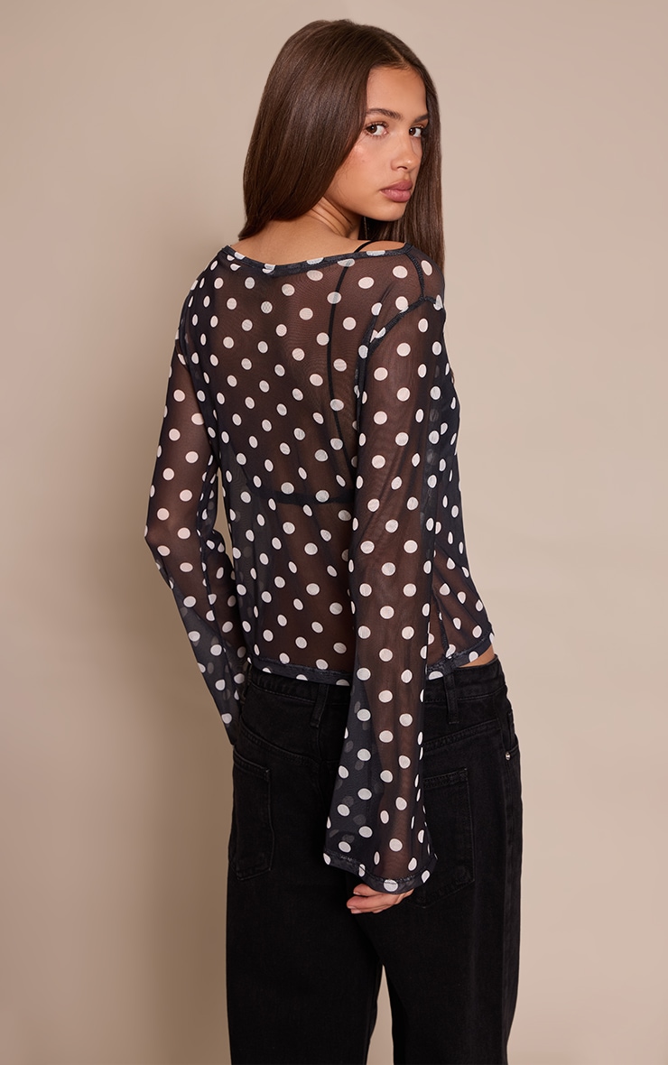 Black Polka Dot Mesh Flared Long Sleeve Top  image 2