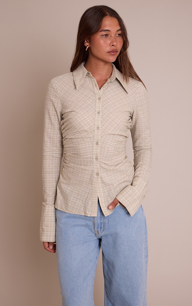 Green Check Fitted Ruched Side Shirt