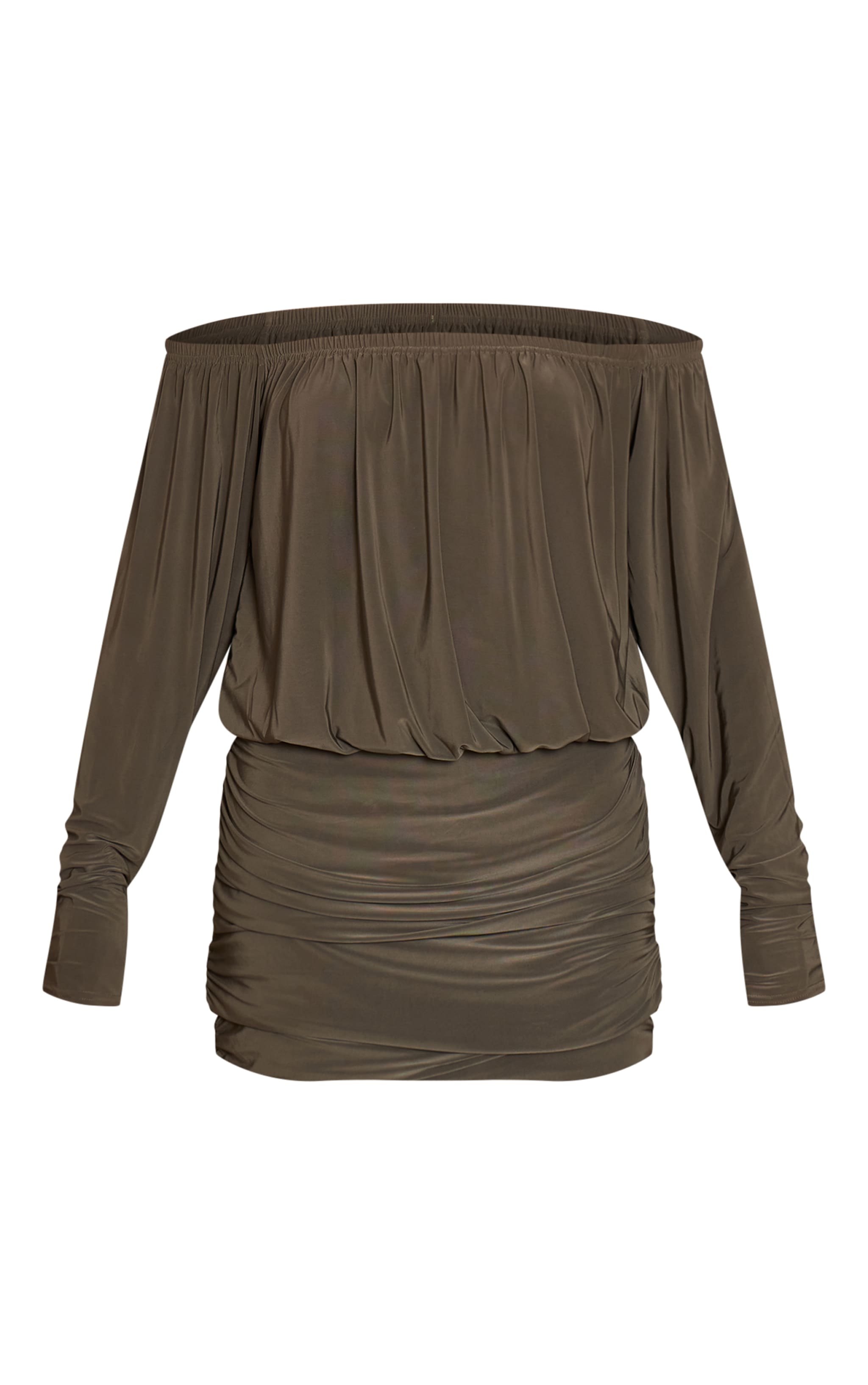 Khaki Double Layer Slinky Bardot Drape Mini Dress image 5
