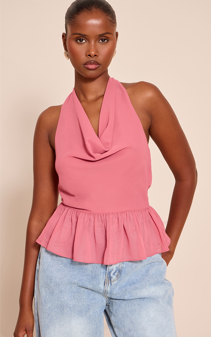 Blush Rose Chiffon Cowl Peplum Hem Halterneck Top image 3