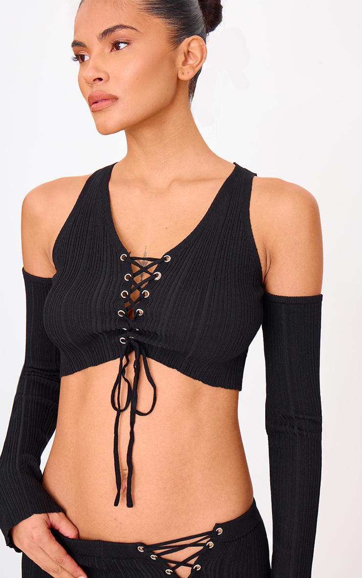 Black Textured Rib Knit Lace Up Cold Shoulder Top image 4