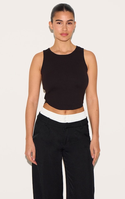 Débardeur côtelé noir à ourlet incurvé