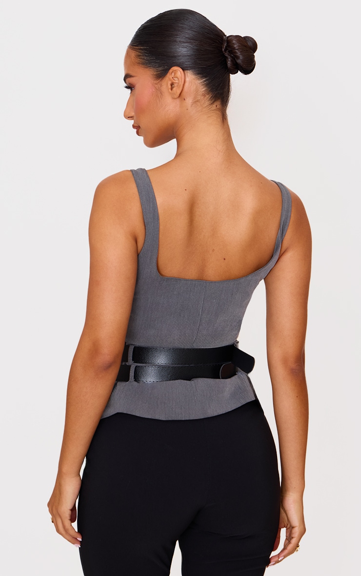 Petite Charcoal Double Belt Detail Fitted Square Neck Top image 2