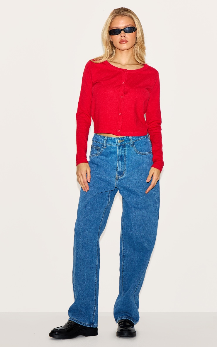 Red Fine Knit Button Up Cardigan image 3