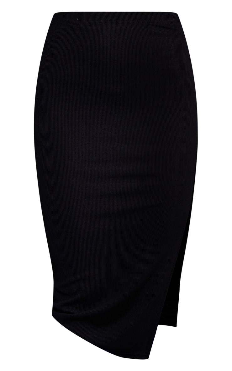 Black Rib High Waist Split Hem Midi Skirt PrettyLittleThing AUS