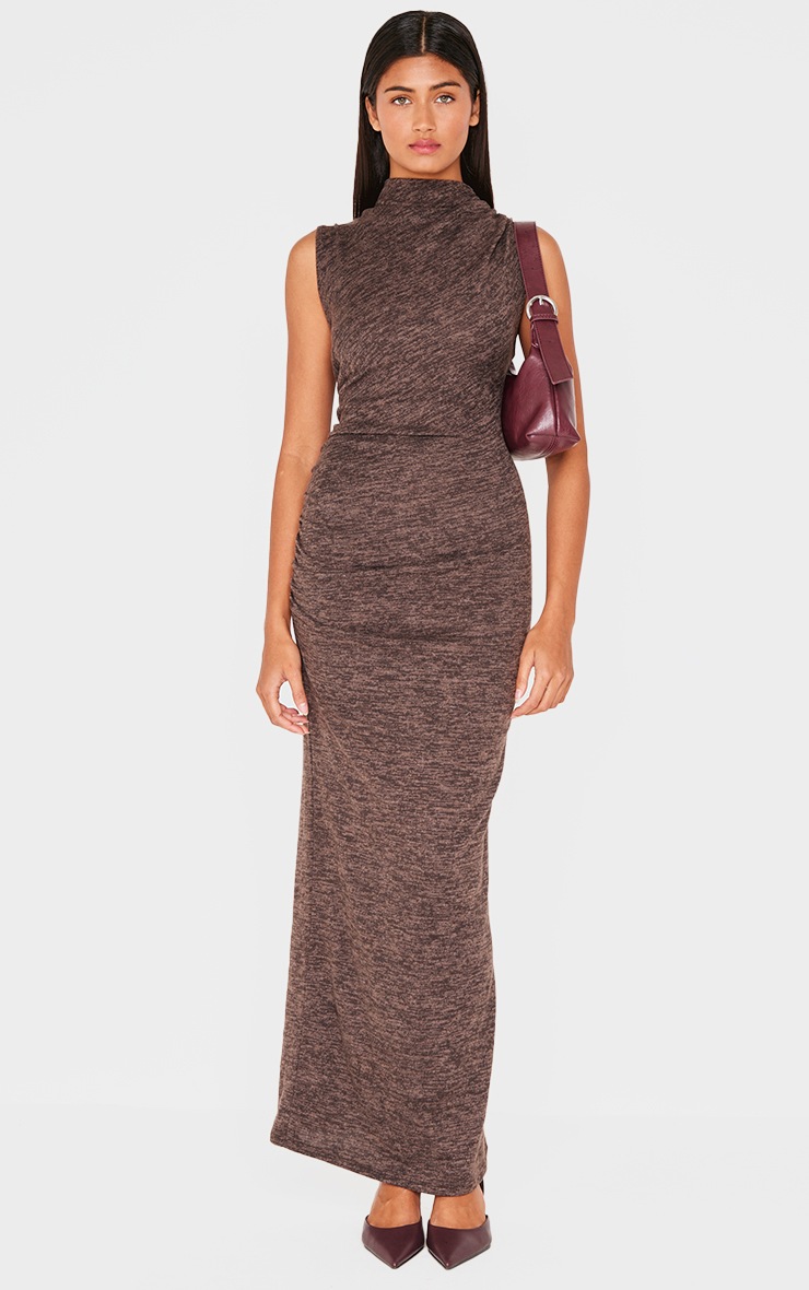 Brown High Neck Ruched Detail Maxi Dress image 1