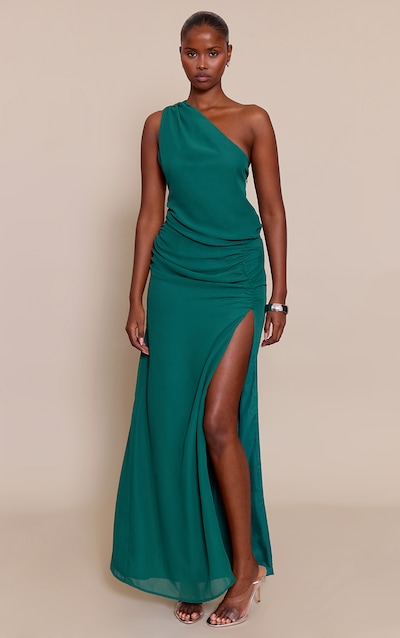 Emerald Chiffon One Shoulder Ruched Detail Maxi Dress