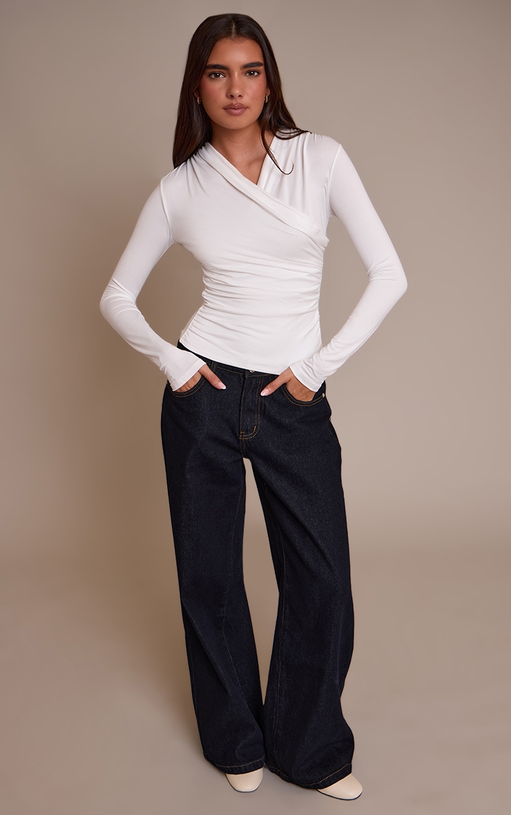 Cream Soft Touch Ruched Front Detail Long Sleeve Top image 3