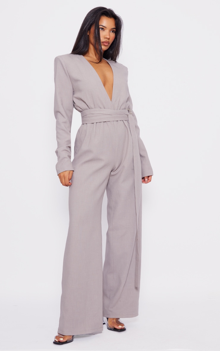 Light Grey Strap Detail Cross Over Wide Leg Jumpsuit image 3