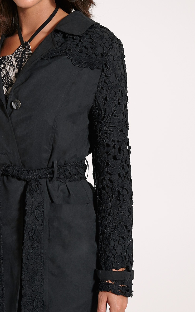 Karolina Black Crochet Lace Detail Trench Coat | PrettyLittleThing