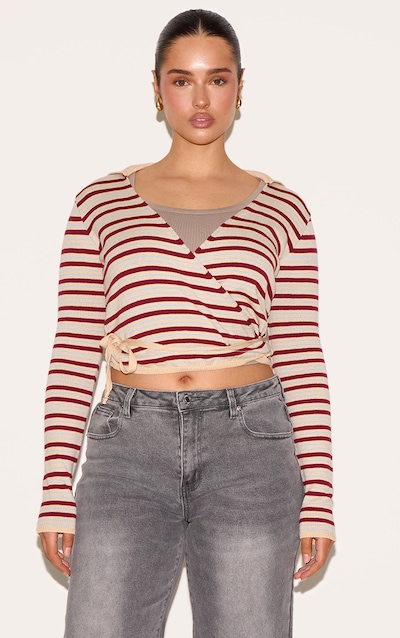 Shape Cream Knitted Striped Tie Waist Collared Sweater