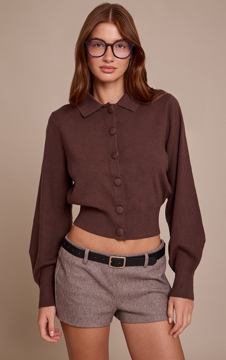 Brown Compact Knit Fabric Covered Button Cardigan