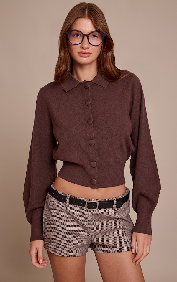 Brown Compact Knit Fabric Covered Button Cardigan